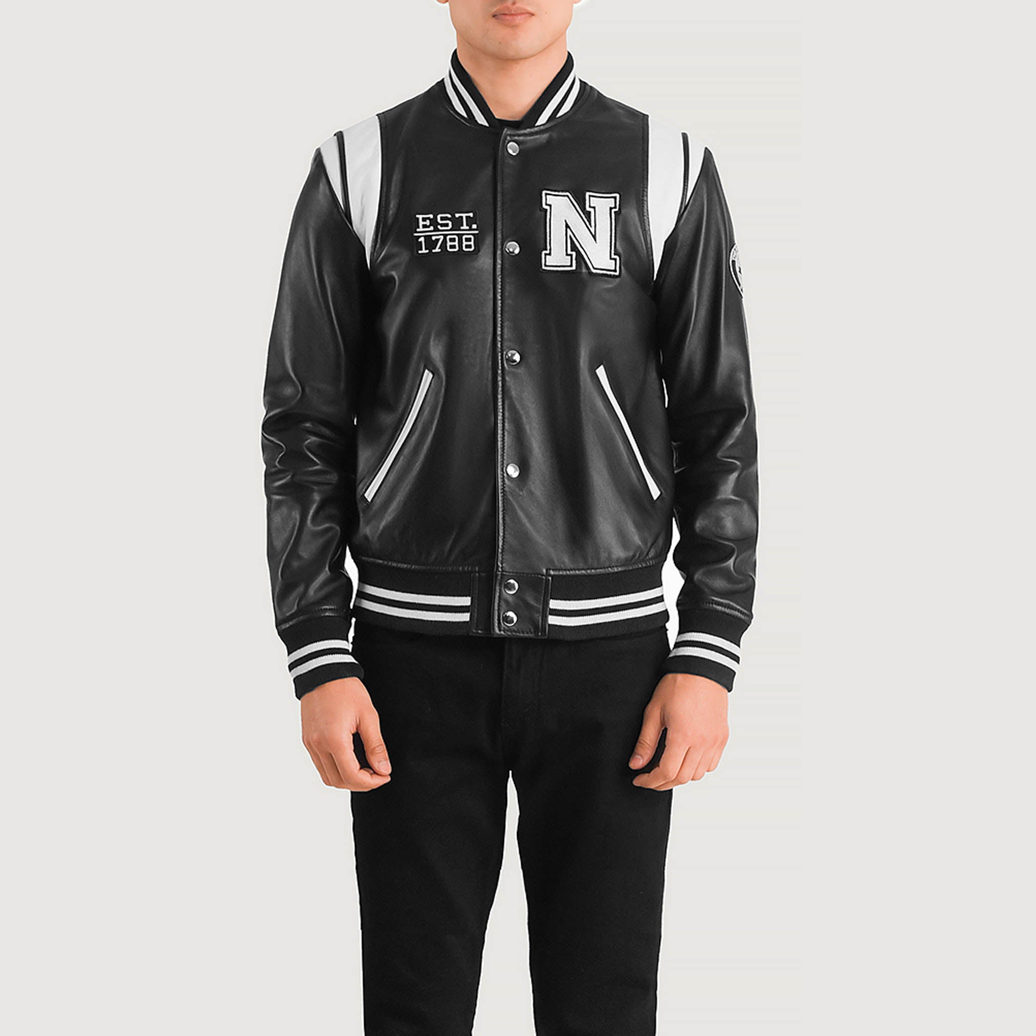 Hazel New York Black Leather Varsity Jacket – College Letterman Baseball Style