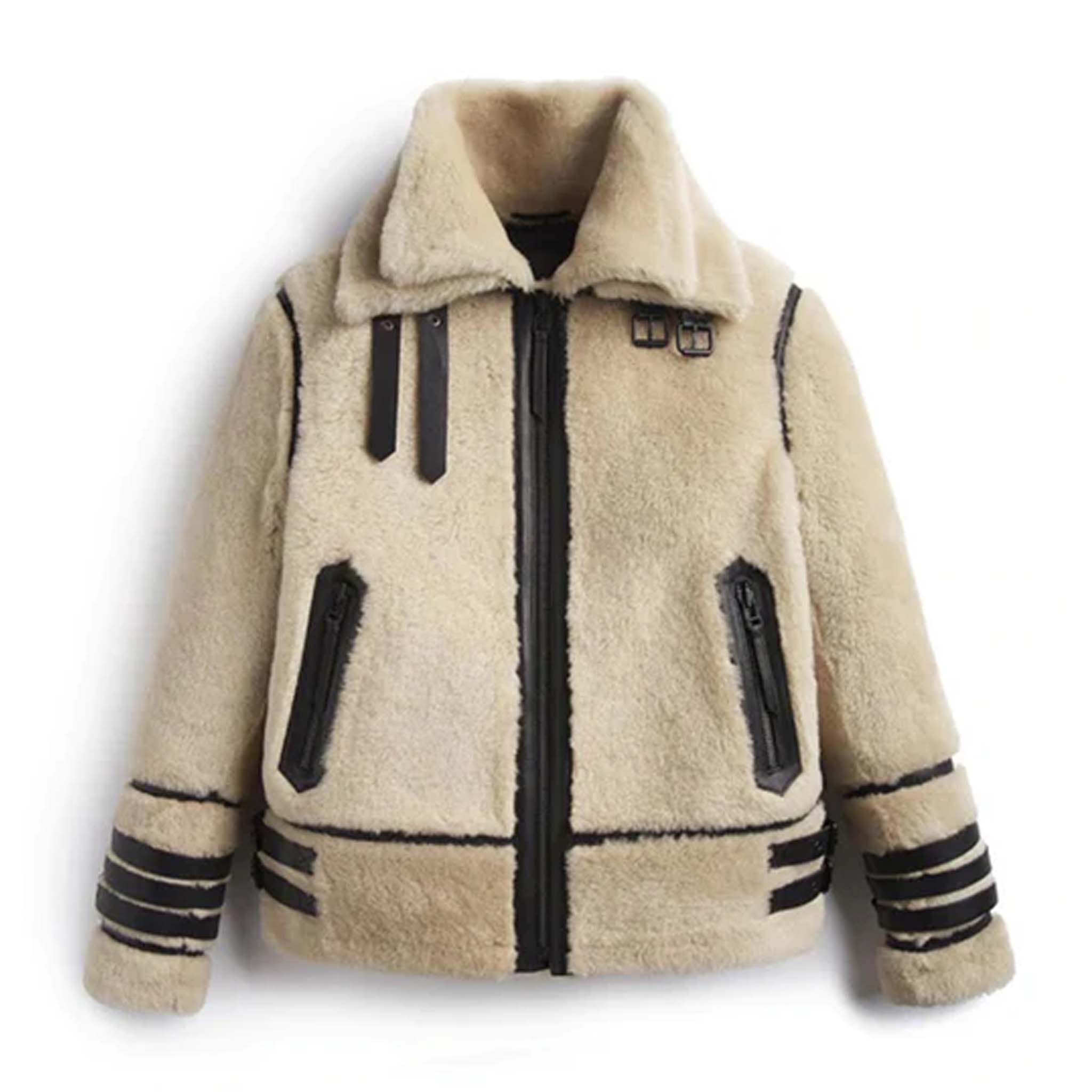 Velza Off White Shearling Jacket - Leather Design With Stylish Strips