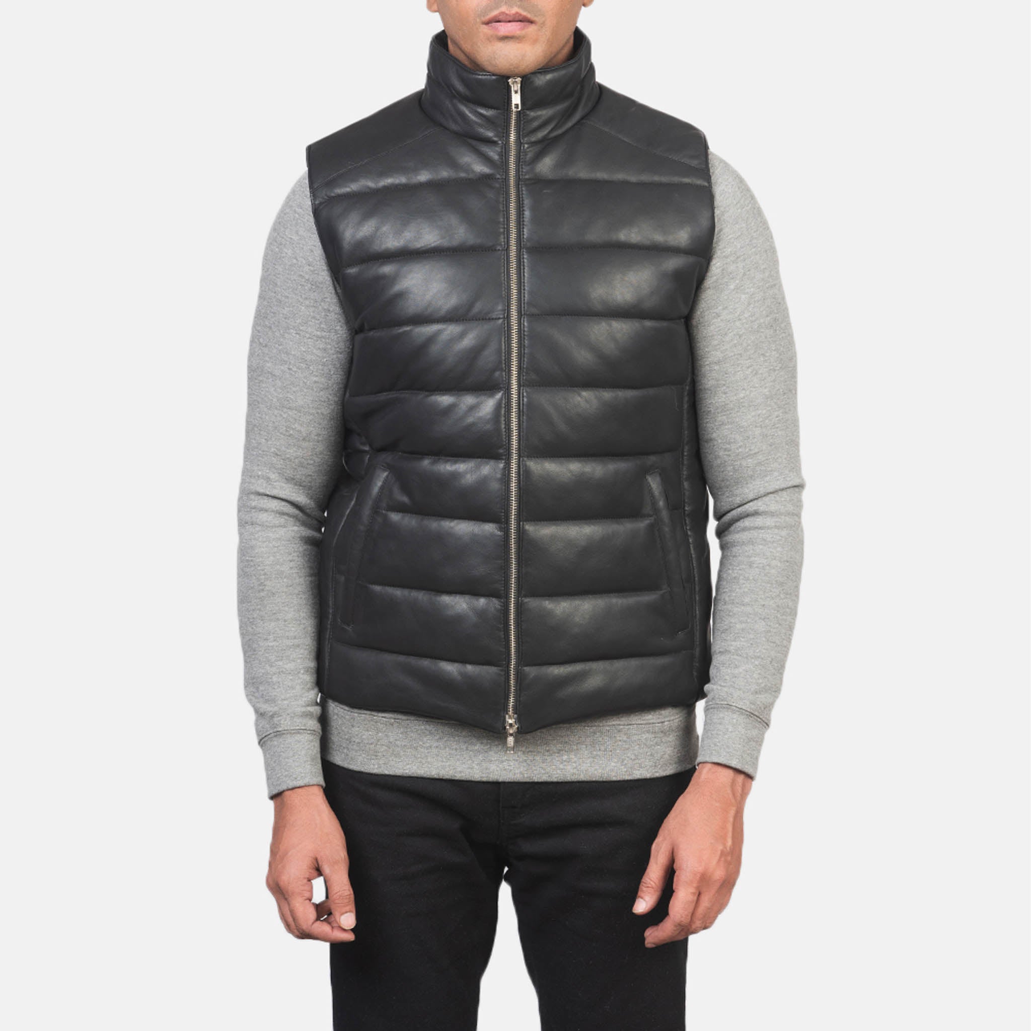 Reece Black Leather Puffer Vest for Men – Modern Warmth & Quilted Style