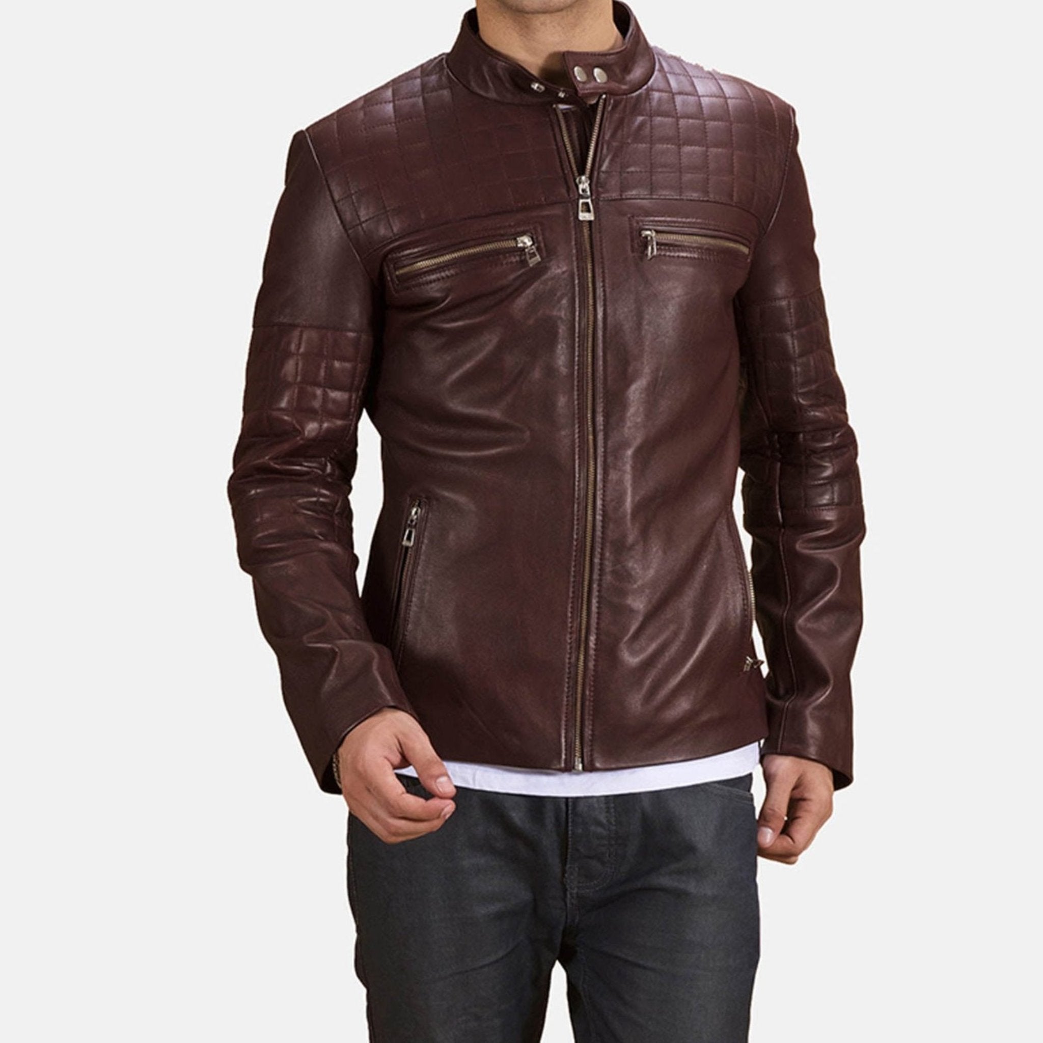 Urban Maroon Leather Biker Jacket – Rugged Quilted Design