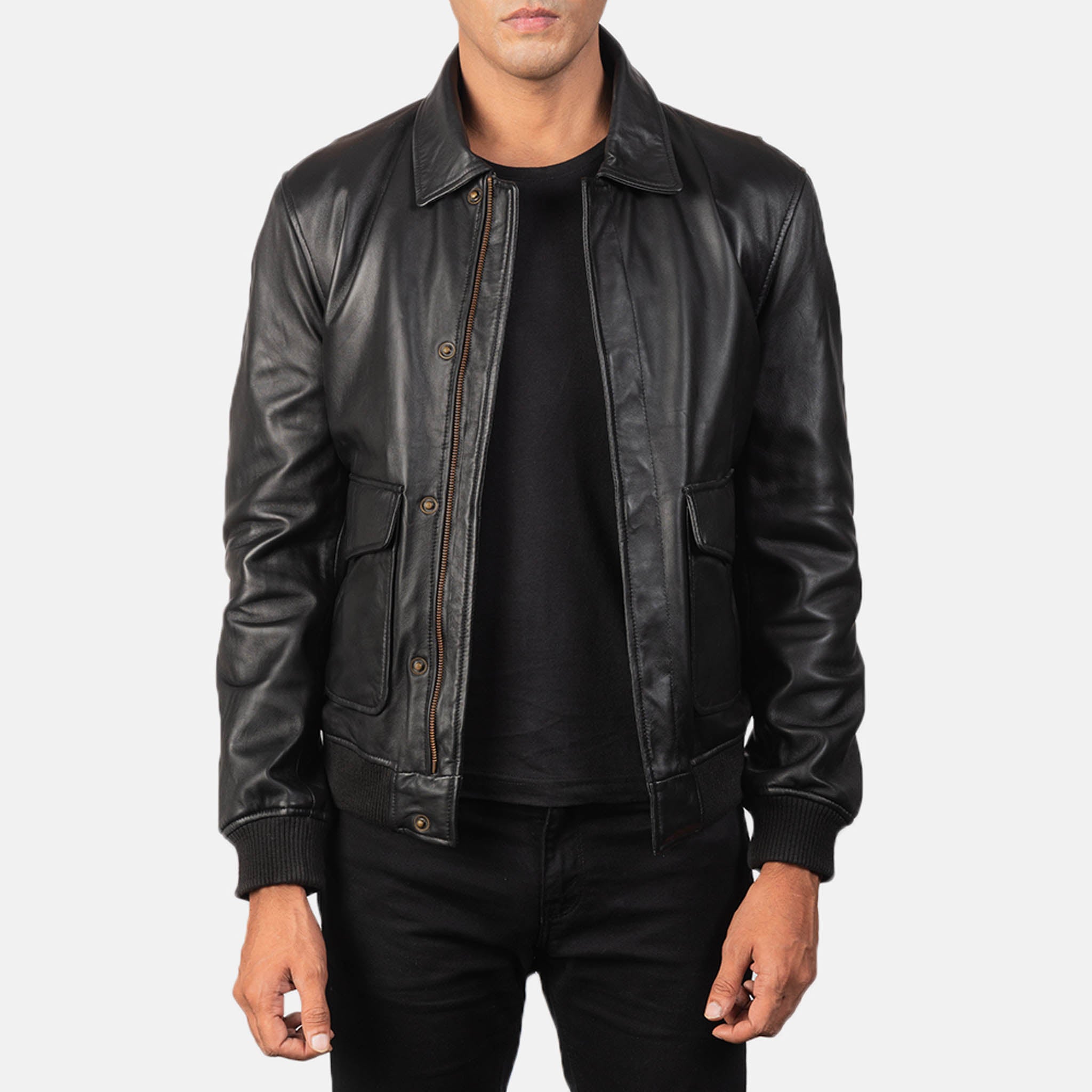 Lucas A2 Black Leather Jacket – Authentic Military Bomber with Pockets