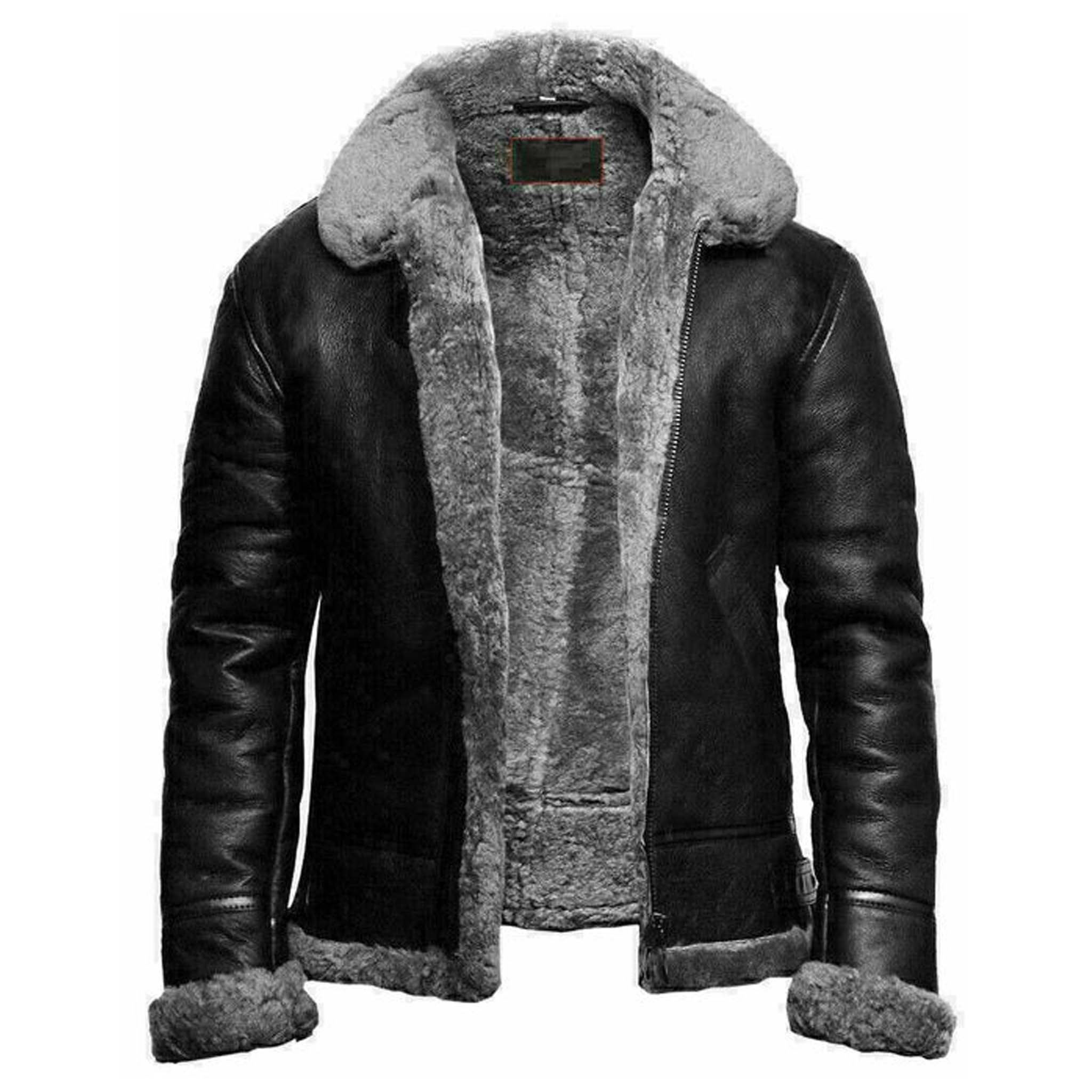 Orbin RAF B3 Bomber Jacket - Grey Shearling Fur Lined Black Aviator Leather Coat