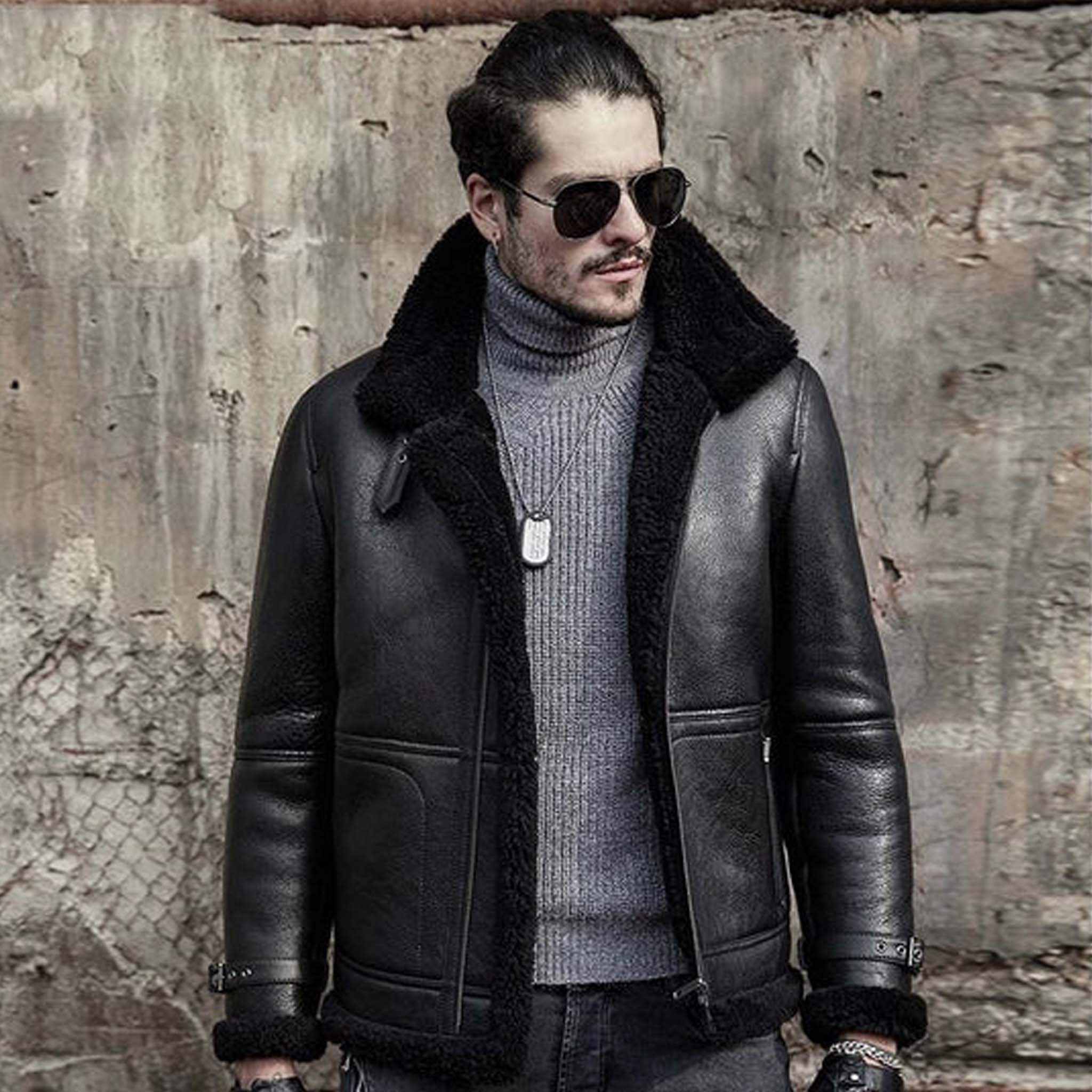 Luxor RAF Shearling Leather Classic Black Sheepskin B3 Aviator Jacket