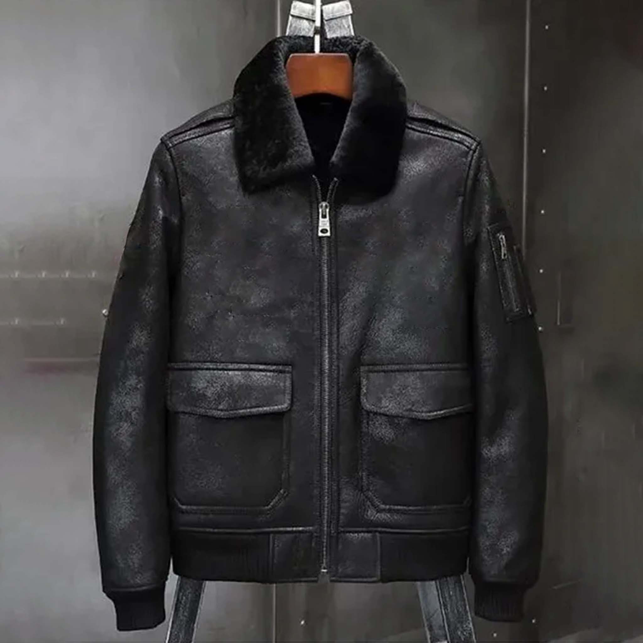 Noxor Airforce Flight Coat - Men's Distressed Black Shearling Jacket