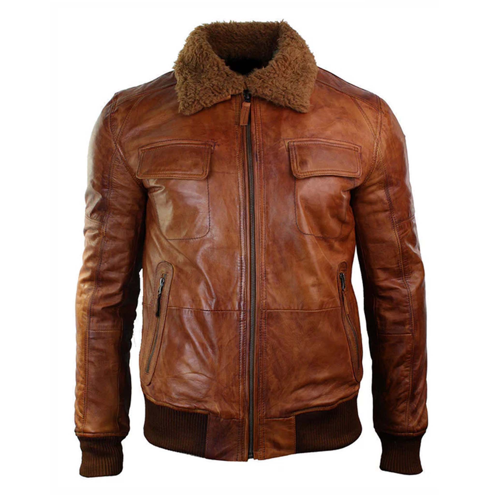 Cryvex Men’s Rust Brown B3 Bomber Jacket - Shearling Fur Aviator Leather Coat