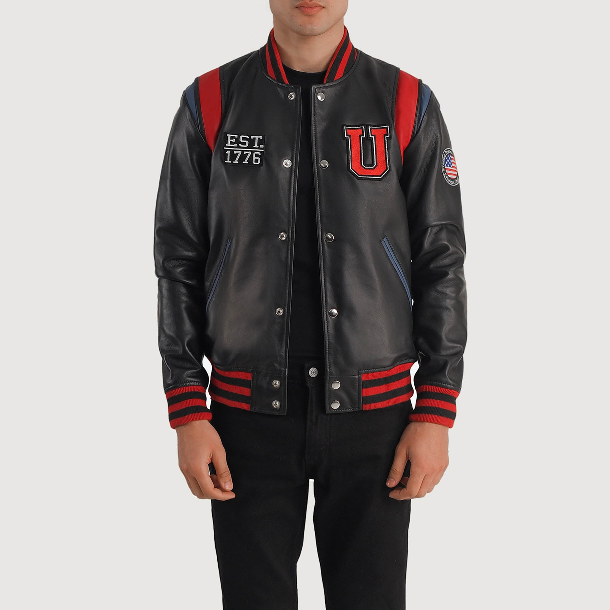 Hazel USA Black Leather Varsity Jacket – College Letterman Baseball Style