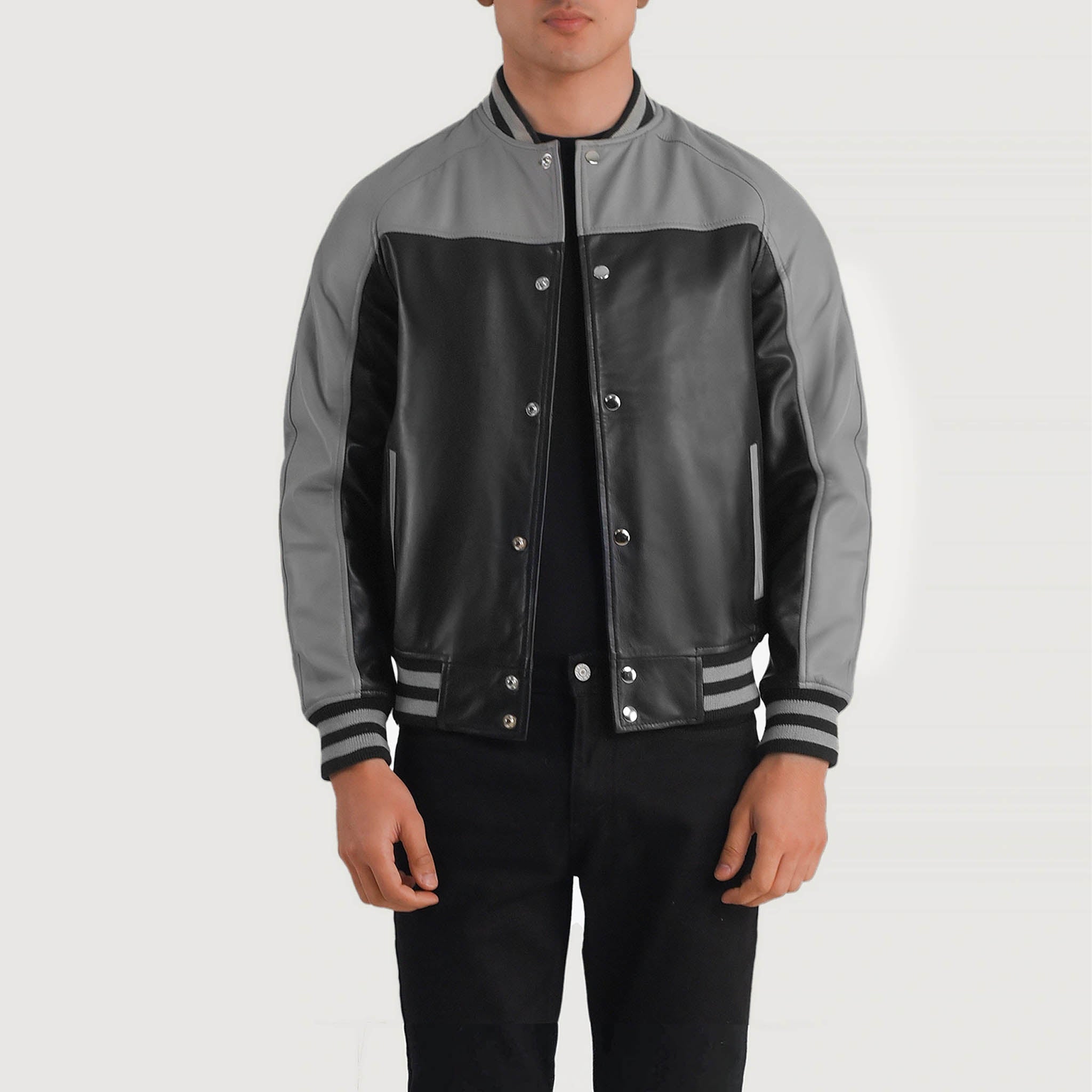 Tristan Leather Varsity Jacket in Black & Gray – College Letterman Style