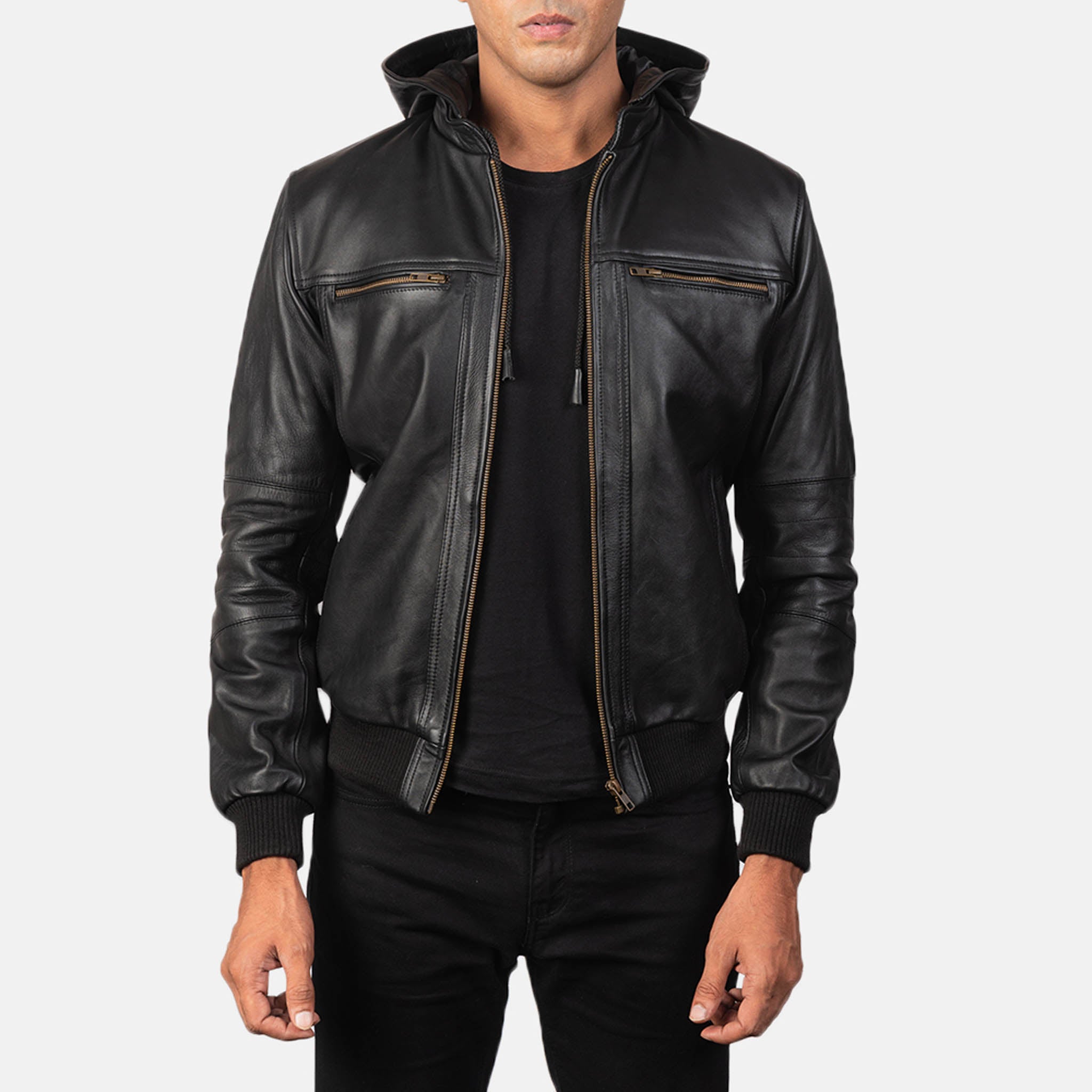 Boaster Men's Black Leather Bomber Jacket with Removable Hood