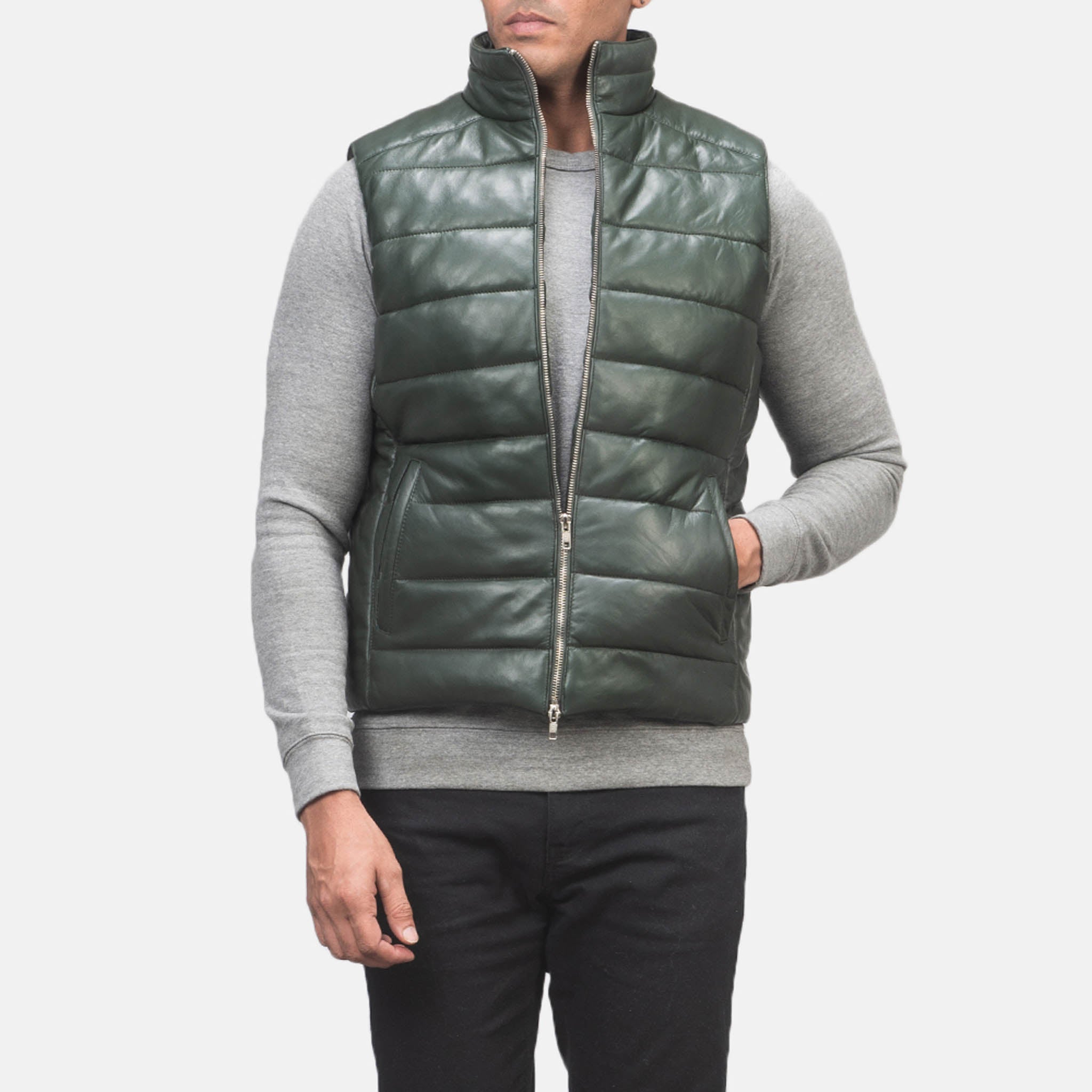 Reece Men’s Green Quilted Leather Puffer Vest – Sleek & Insulated Layer