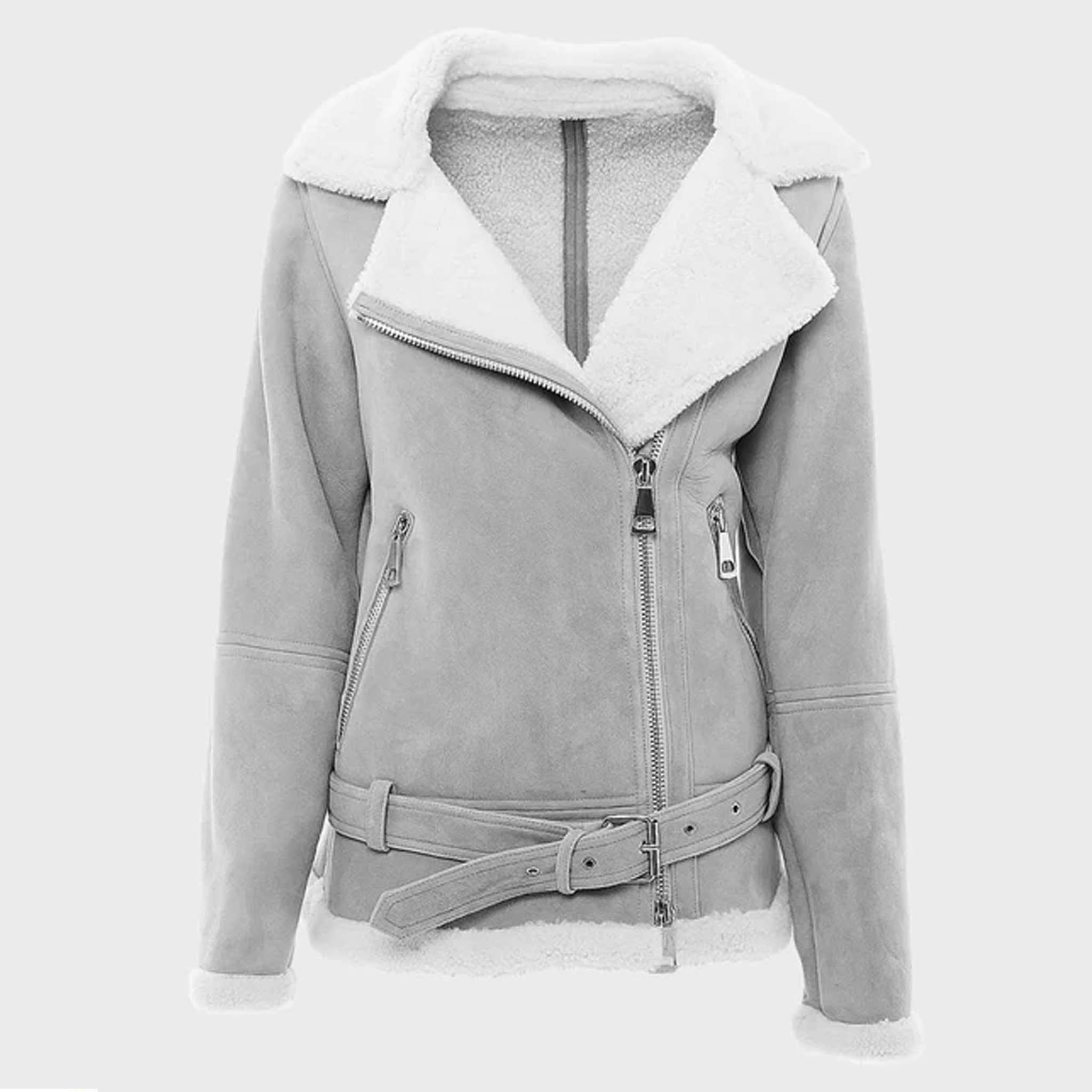 Cryzar Women’s RAF Shearling Jacket - Grey Suede Leather B3 Bomber Coat