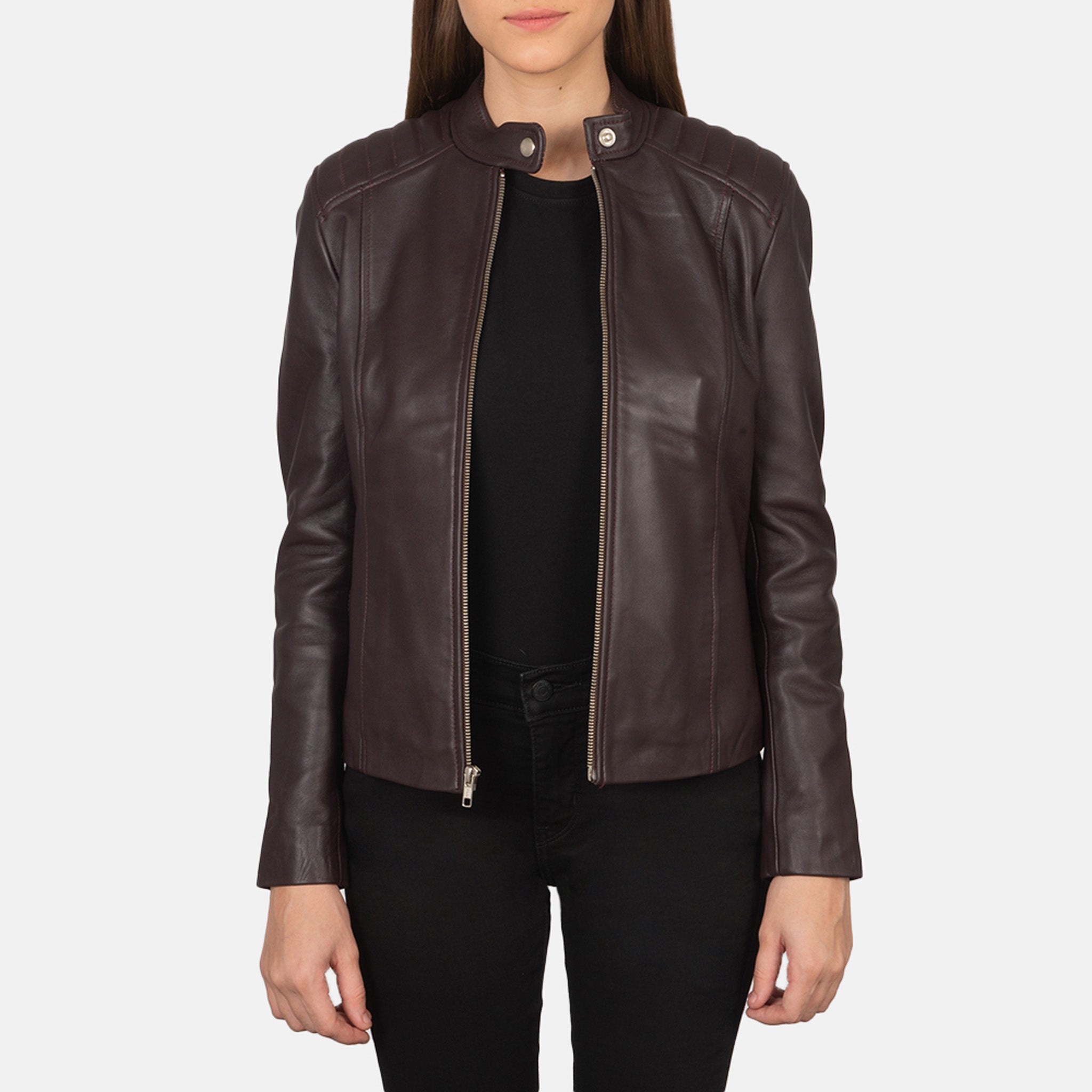 Kelsey Maroon Leather Biker Jacket - Classic Motorcycle Style