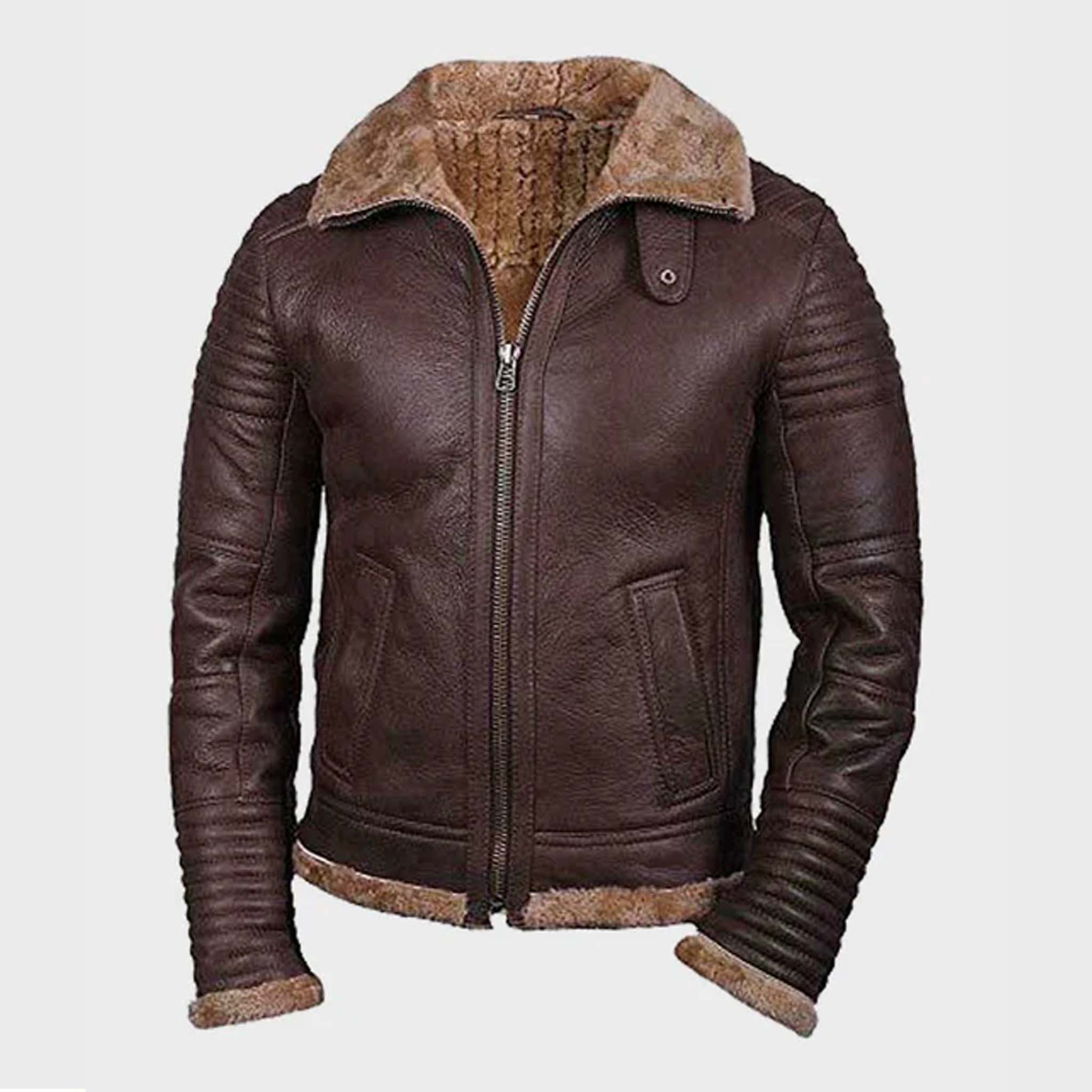 Ravion Brown Leather B3 Jacket - Men’s RAF Bomber Shearling Fur Aviator Coat