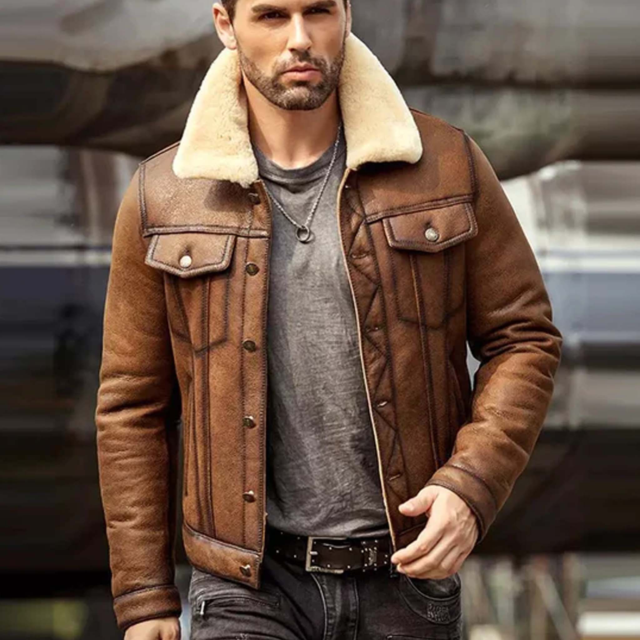 Sable Men’s RAF B3 Shearling Leather Jacket - Brown Sheepskin Trucker Design