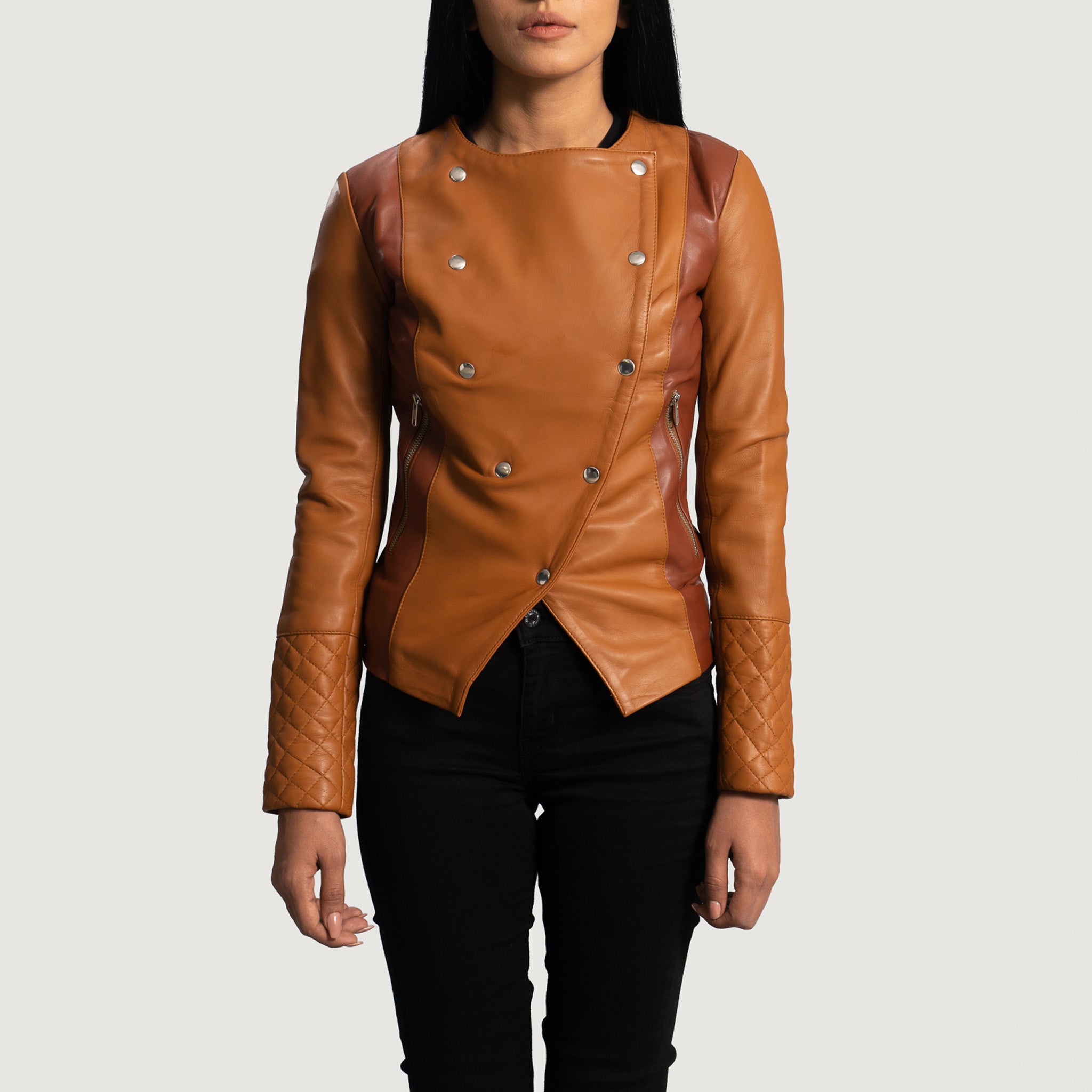 Mounty Tan Overlap Leather Jacket - Women's Edgy Motorcycle Style